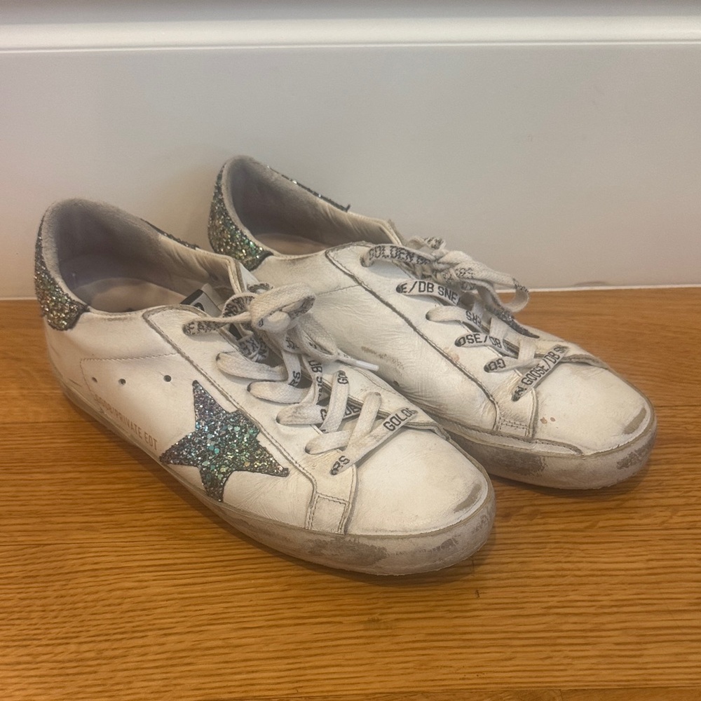 Golden Goose White Sneakers with Green Glitter Accents